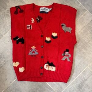 Susan Bristol Red Knit Cardigan with Animal Patterns